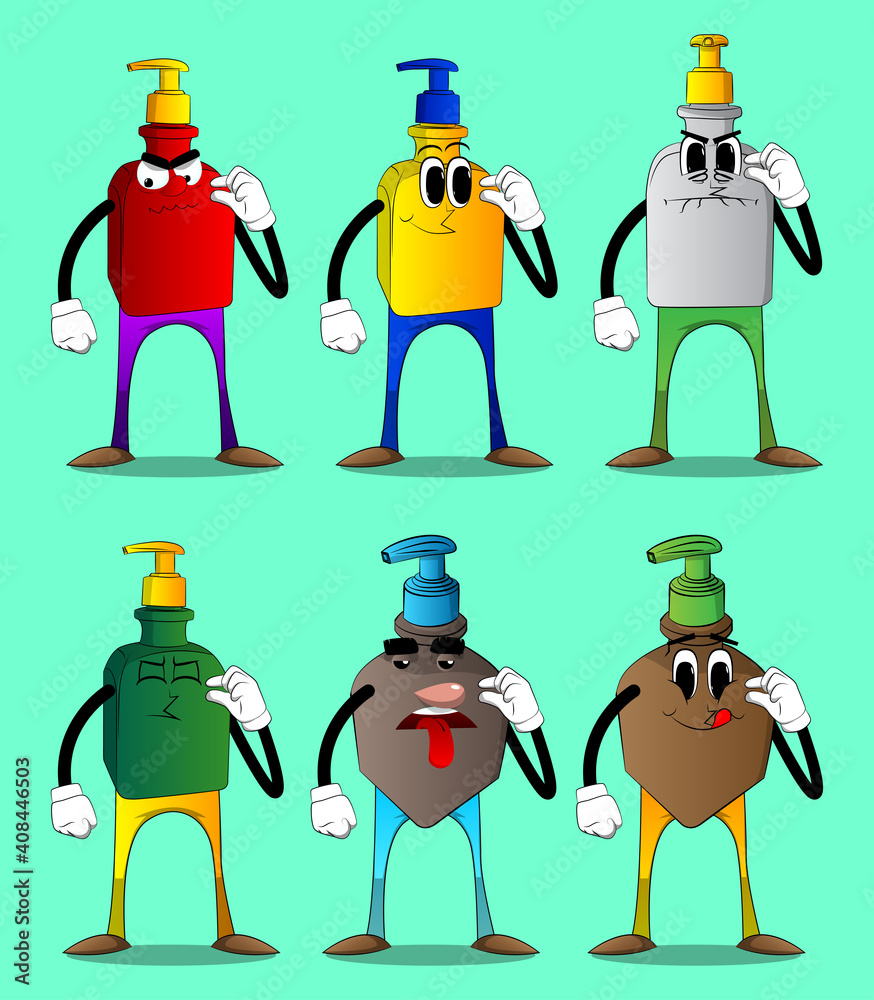 Cartoon bottle of hand sanitizer gel for hygiene with face gesturing a small amount with hand. Cartoon bottle of hand sanitizer gel for hygiene with face gesturing a small amount with hand.