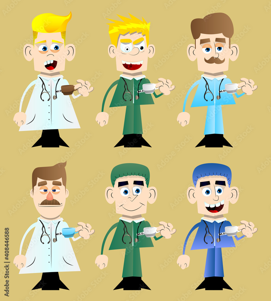Funny cartoon doctor drinking coffee. Vector illustration. Funny cartoon doctor drinking coffee. Vector illustration.