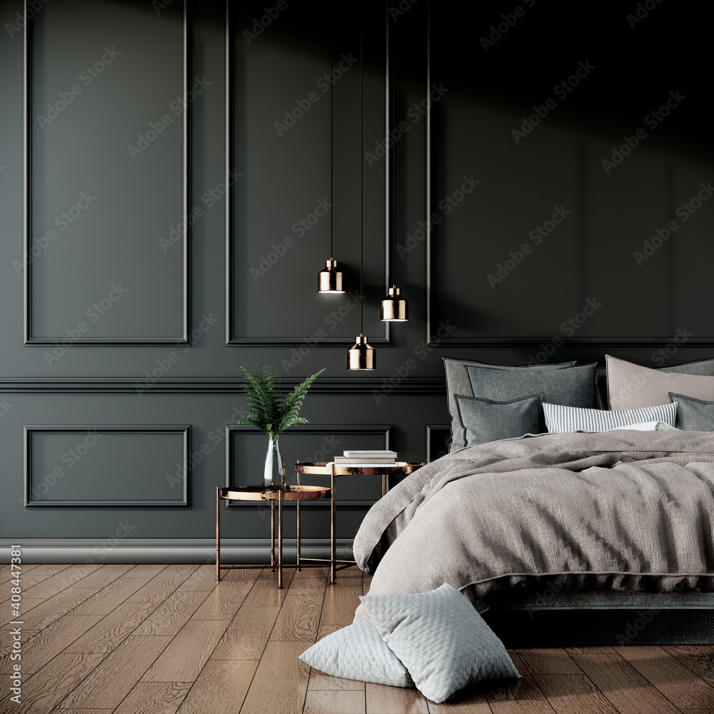 black modern classic bedroom interior design with furniture, 3d rendering  background Stock-illustrasjon | Adobe Stock