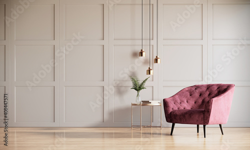 Fototapeta Naklejka Na Ścianę i Meble -  modern classic room interior with red armchair and table with wood floor and white wall, 3d rendering background