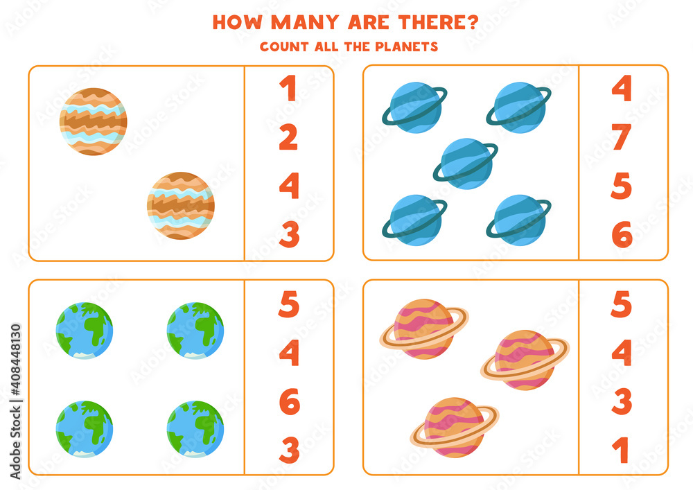 Counting game with cute cartoon planets. Math worksheet.