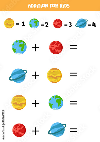 Addition worksheet with different planets. Math game.