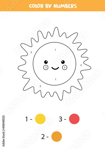 Color by numbers game for preschoolers. Cartoon Sun.