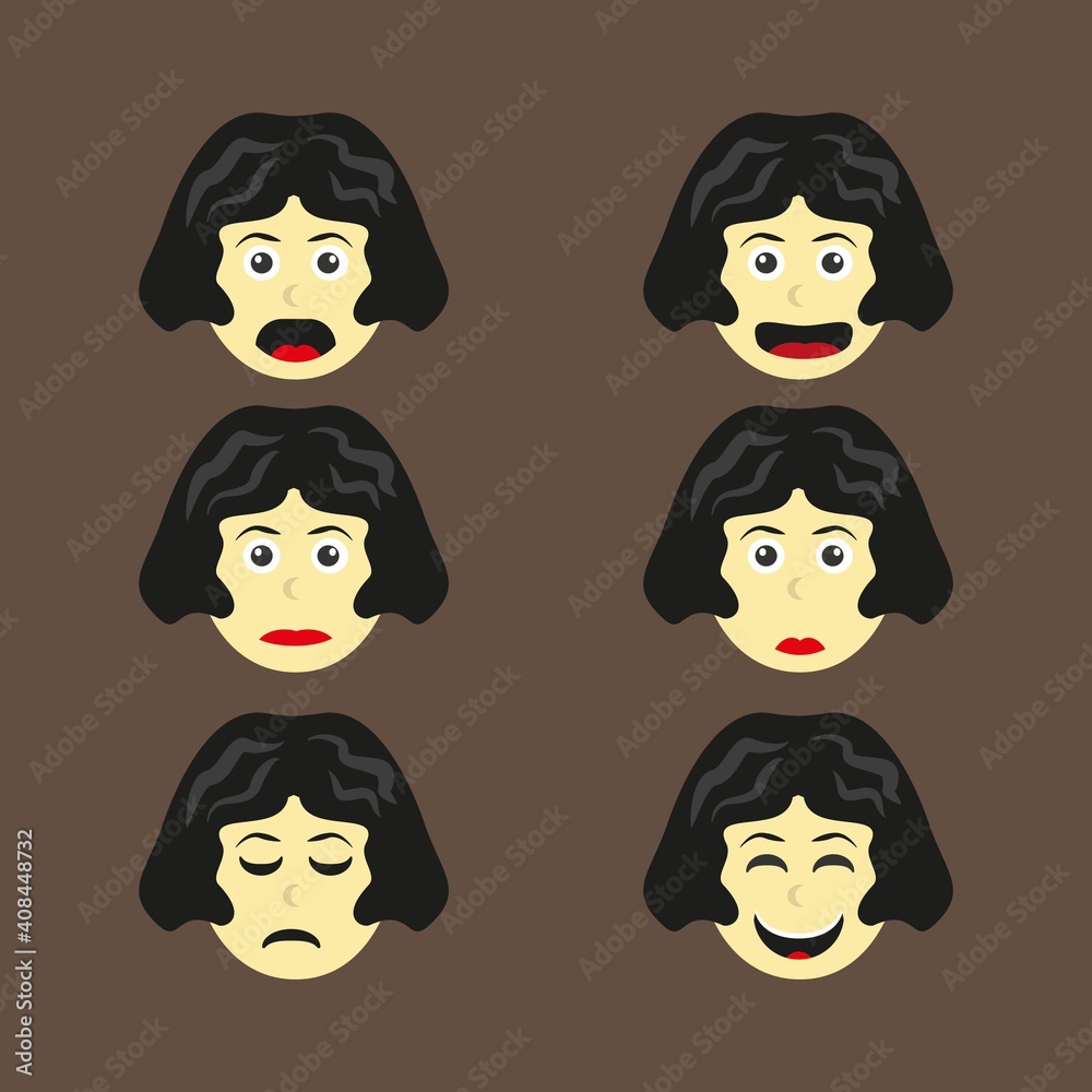 vector of female face character with many emotions in flat style vector of female face character with many emotions in flat style