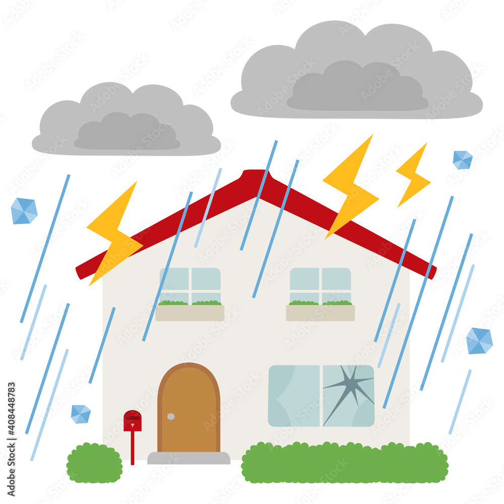 自然災害と家のイラスト 豪雨と雷 ヒョウの被害にあう家 Stock Vector Adobe Stock
