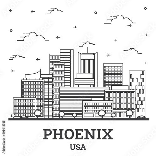 Outline Phoenix Arizona USA City Skyline with Modern Buildings Isolated on White.