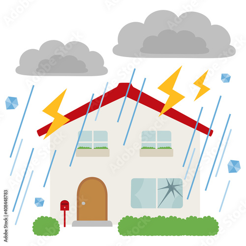 自然災害と家のイラスト。豪雨と雷、ヒョウの被害にあう家。