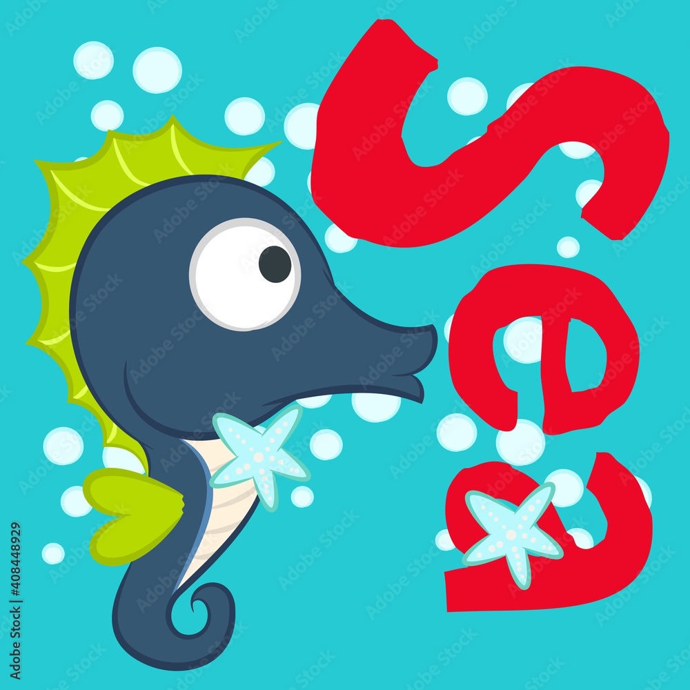 Illustration vector cute seahorse with bubbles and text in background Illustration vector cute seahorse with bubbles and text in background