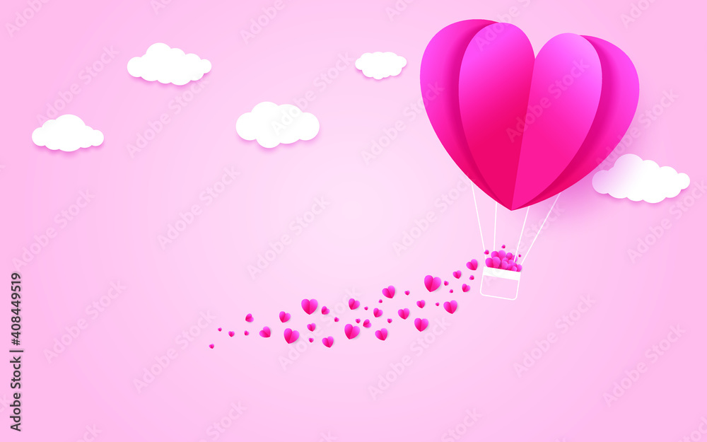 illustration of love and valentine day, made hot air balloon flying with heart float on the sky.paper art and digital craft style.