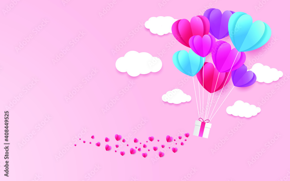 illustration of love and valentine day with heart baloon, gift and clouds. Paper cut style. Vector illustration