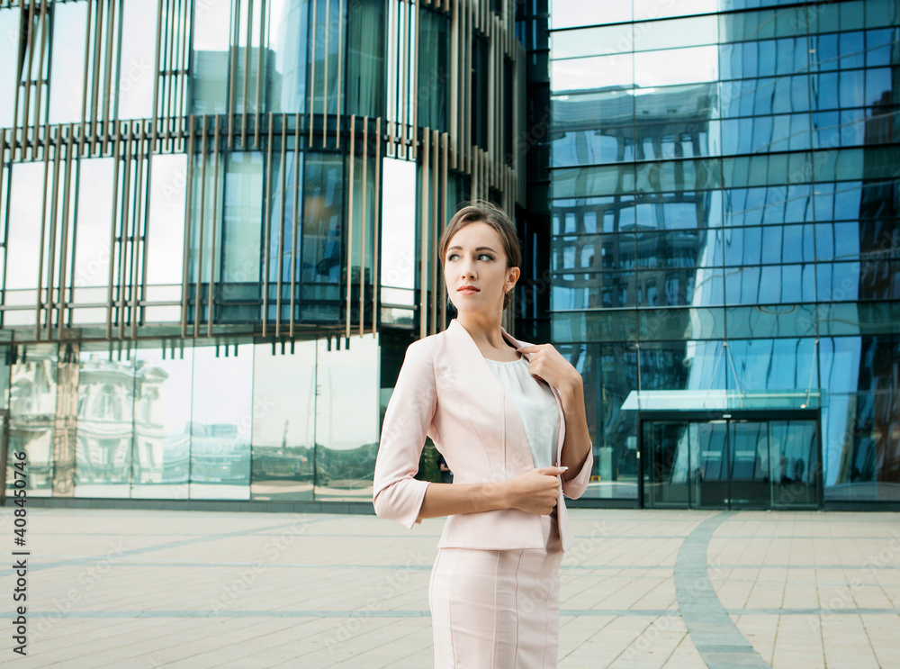 Businesswoman successful woman business person standing outdoor corporate building exterior elegance cute caucasian confidence professional business woman middle age female leader Bank worker