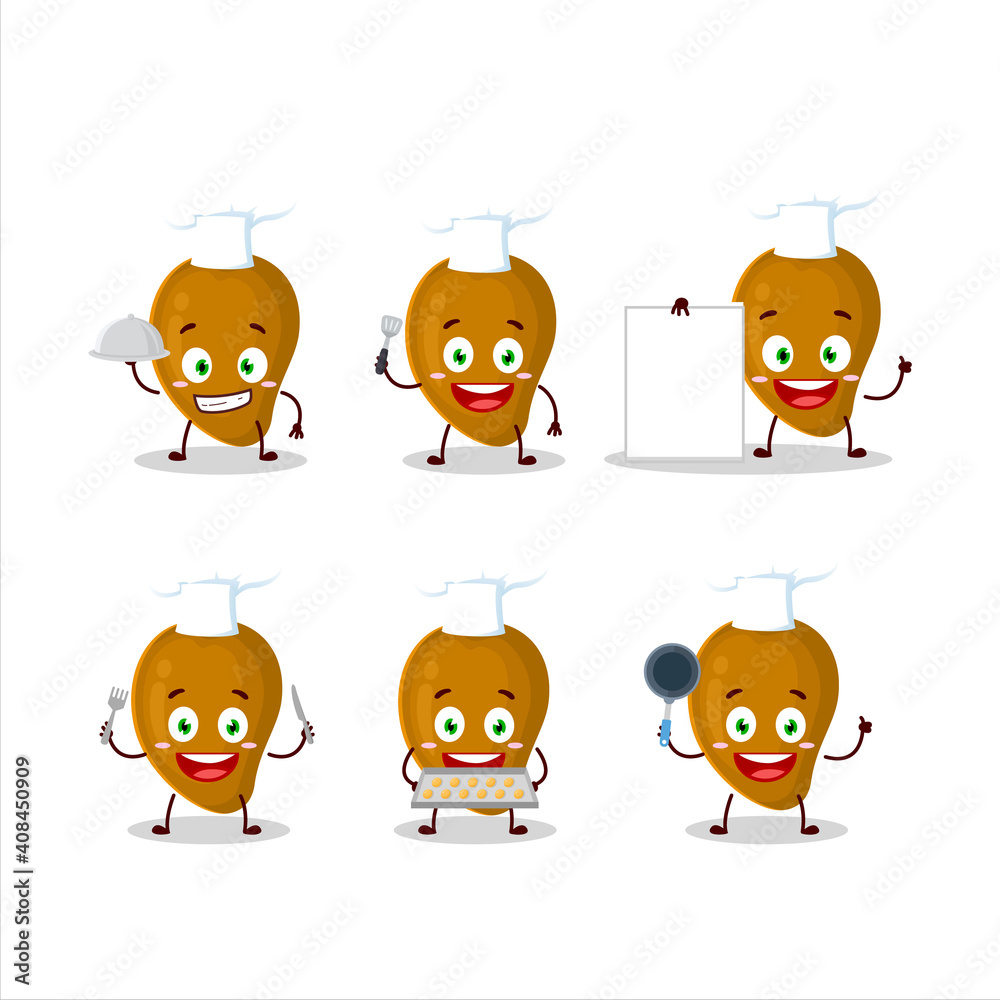 Cartoon character of zapote with various chef emoticons Cartoon character of zapote with various chef emoticons