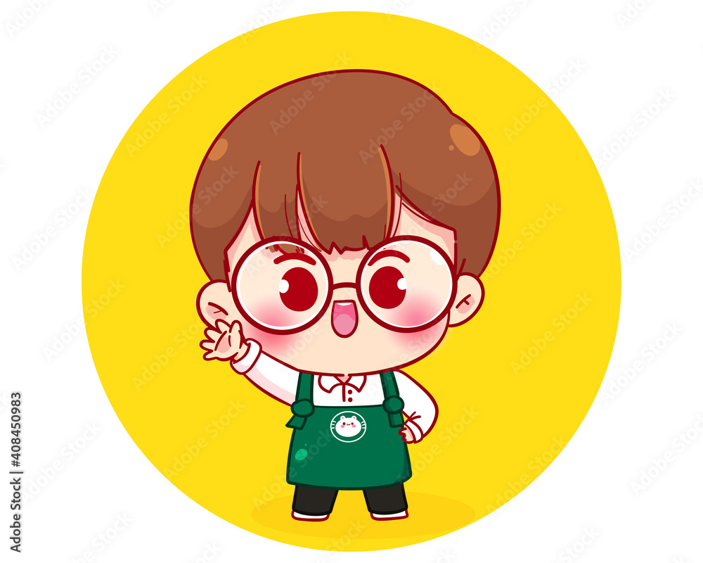 Cute boy Barista character in apron cartoon character illustration Cute boy Barista character in apron cartoon character illustration