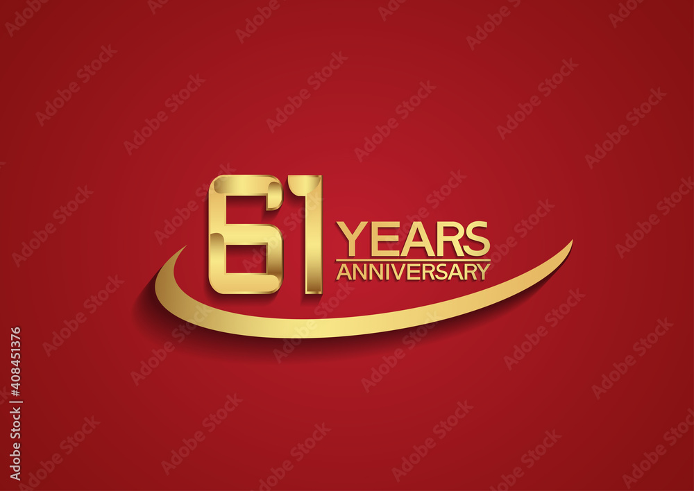 61 years anniversary logo style with swoosh golden color isolated on red background for celebration moment, greeting card, invitation and special moment 61 years anniversary logo style with swoosh golden color isolated on red background for celebration moment, greeting card, invitation and special moment