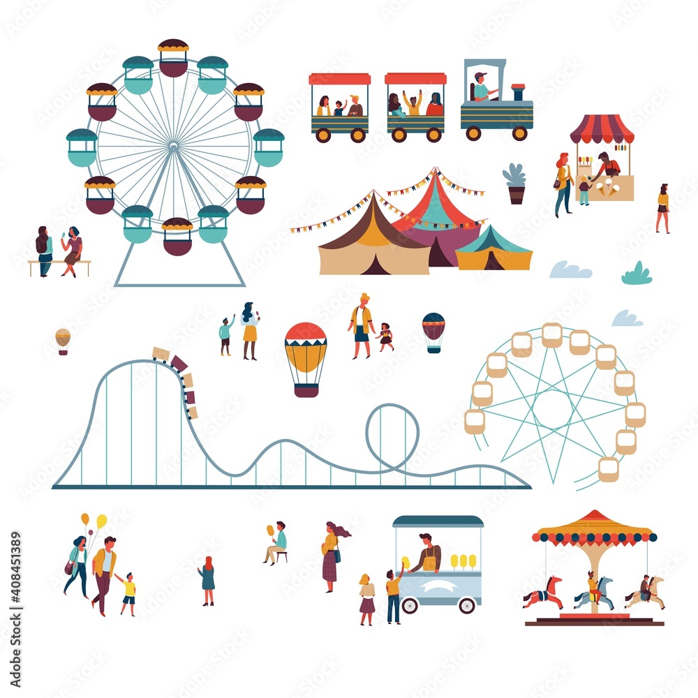 Attractions and big top circus amusement park ice cream vector roller coaster and air balloon