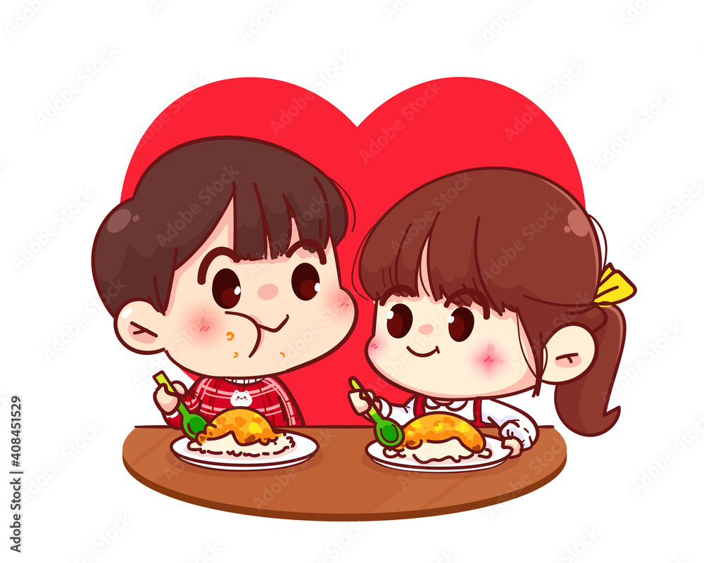 Lovers couple eating together Happy valentine cartoon character illustration Premium Vector