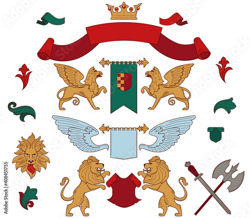 Heraldry symbols and royal mascots isolated vector icons silk ribbons and gold crown flag with shield griphone and lion angelic wing sword and axe knight weapon symbolic animals