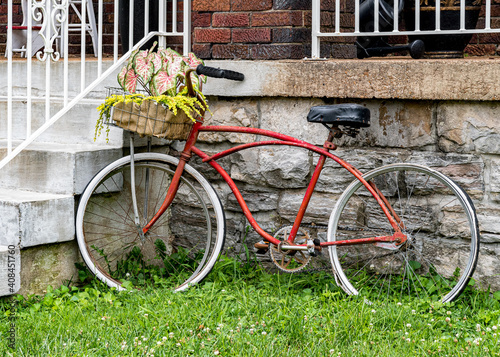 Bicycle with Flowers in Basket Leaning on Doorstep