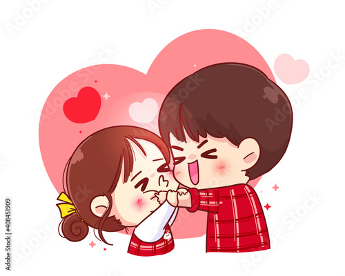 Cute girl kissing boy on cheek Happy valentine cartoon character illustration Premium Vector