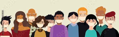 Group of people wearing medical masks to prevent disease, flu, air pollution, contaminated air, world pollution. Vector illustration in a flat style

