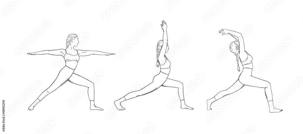 Yoga warrior poses or virabhadrasana I and II. Woman practicing yoga for balance improvement. Hand drawn sketch vector illustration isolated on white background Yoga warrior poses or virabhadrasana I and II. Woman practicing yoga for balance improvement. Hand drawn sketch vector illustration isolated on white background