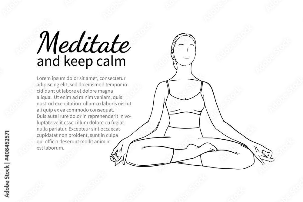 Meditationg woman with text block for banner or brochure. Calming and relaxing improving yoga pose. Hand drawn sketch vector illustration isolated on white background Meditationg woman with text block for banner or brochure. Calming and relaxing improving yoga pose. Hand drawn sketch vector illustration isolated on white background