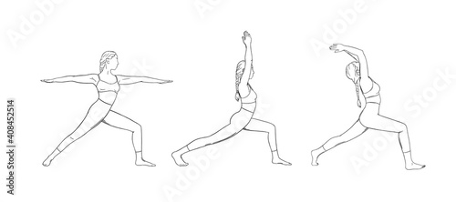 Yoga warrior poses or virabhadrasana I and II. Woman practicing yoga for balance improvement. Hand drawn sketch vector illustration isolated on white background