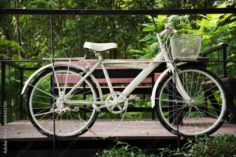 Old white classic vintage retro bicycle exterior decoration furniture of garden outdoor for travelers visit at Phu Foi Lom in Pa Phan Don National Forest Reserve at Nong Saeng in Udon Thani, Thailand