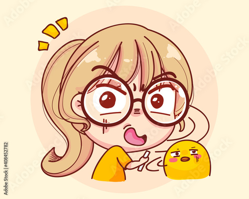 Young Girl looks surprisingly and with shock cartoon set illustration Premium Vector