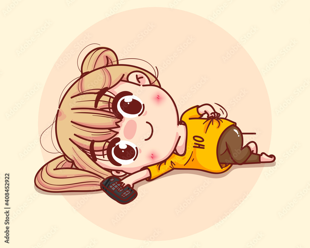 Obraz premium Young Girl lying on the floor cartoon set illustration Premium Vector