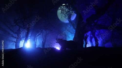 Horror view of big bear in dead forest at night. Angry bear behind the cold blue toned cloudy sky under moonlight. The silhouette of a bear in foggy forest dark background photo