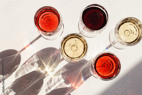 Set of wine in glasses. Red, rose and white wine.