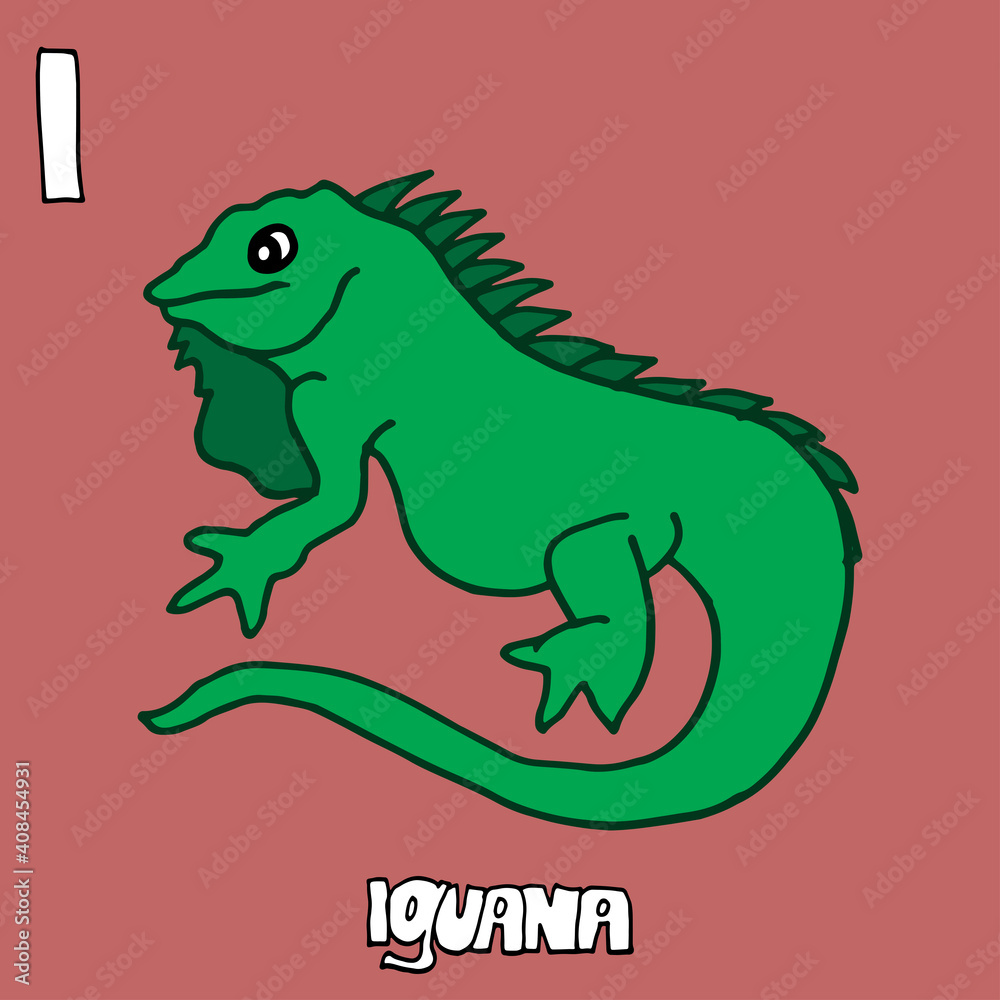 Obraz premium Iguana-Hand drawn lettering. Green iguana vector illustration on pink background. Hand drawn vector. Doodle animal for kids, kindergarten, education, card, wallpaper, cover, poster, sticker, clipart. 