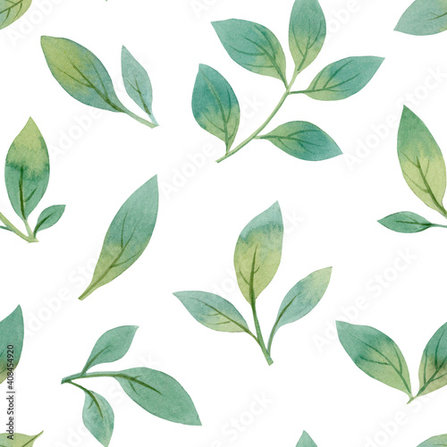 Green leaves seamless pattern, hand drawn watercolor leaves, botanical pattern for print, textile, wallpaper, wrapping paper