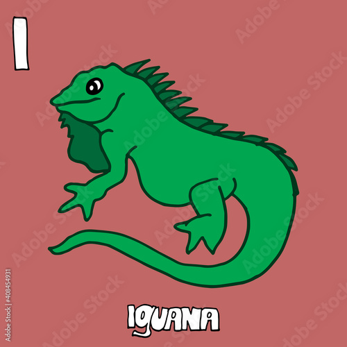 Iguana-Hand drawn lettering. Green iguana vector illustration on pink background. Hand drawn vector. Doodle animal for kids, kindergarten, education, card, wallpaper, cover, poster, sticker, clipart.  © siarifzen