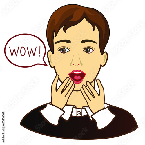 Emoticon with a funny enthusiastic man, clutching his hands to his chest, and says Wow, color illustration on white background