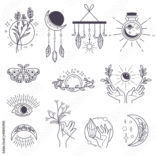 Magic and occult signs, potions and moon symbols