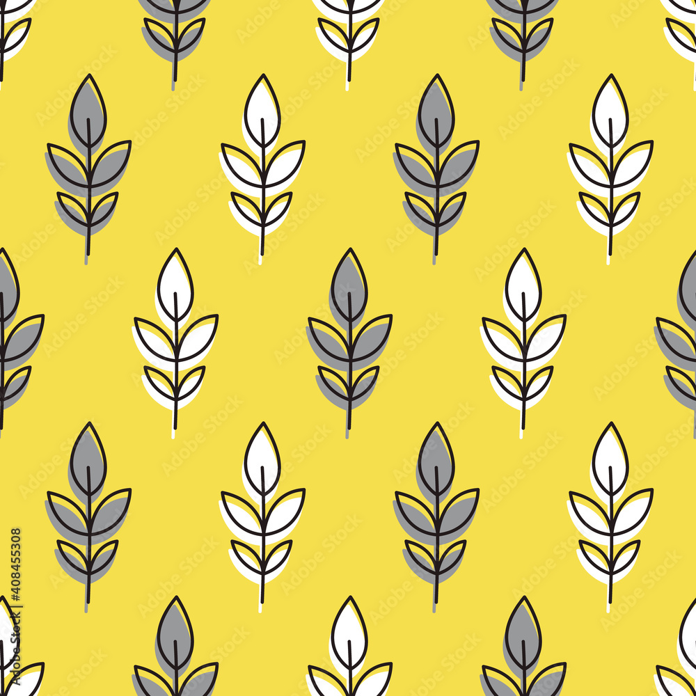 Cute vegetal seamless pattern in white, yellow and gray colors of the year 2021. Trendy vegetal pattern with sprigs and leaves with black outline on bright yellow background. Vector illustration