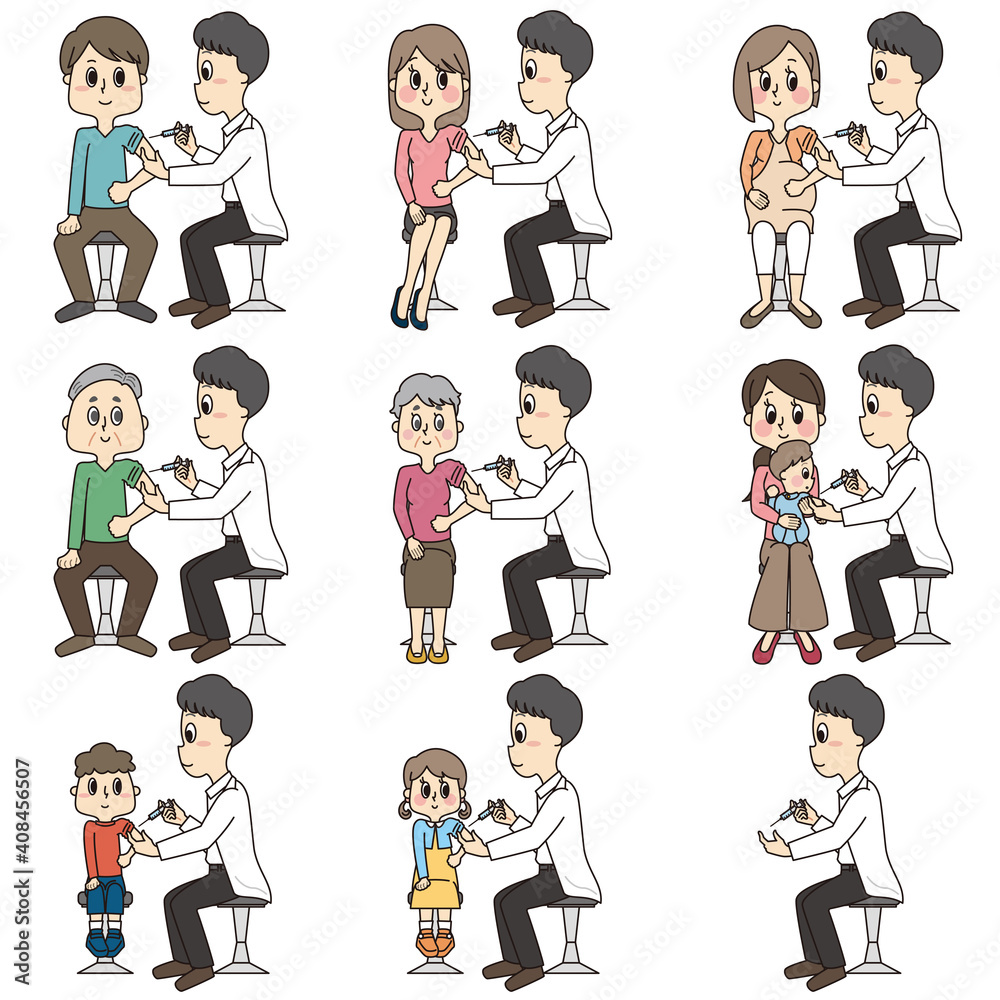 病院で男性の先生のワクチン（予防接種）を受ける人のイラストセット