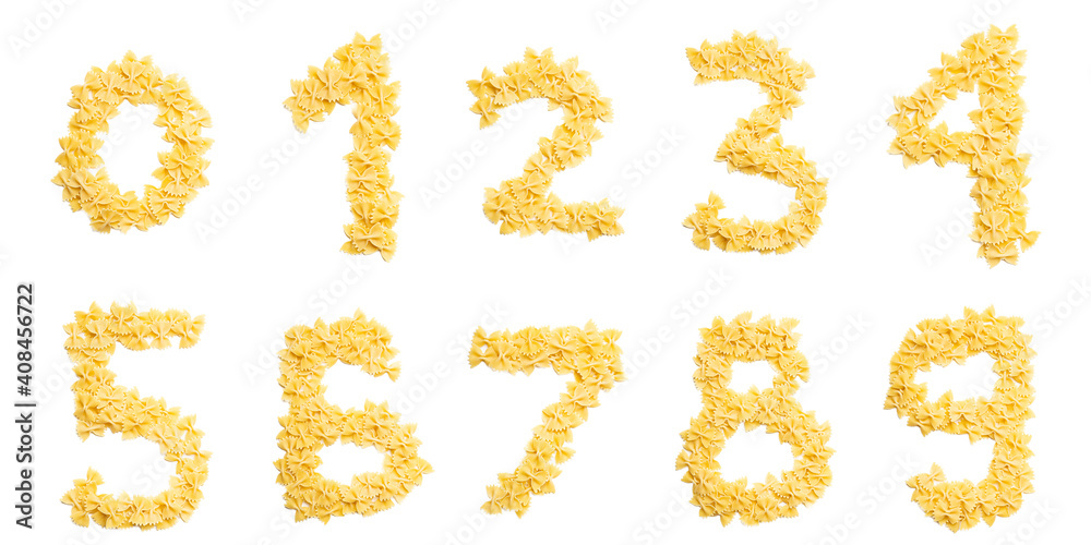 Arabic numerals  from dry farfalle pasta on a white isolated background. Food pattern made from macaroni. Bright alphabet for shops.