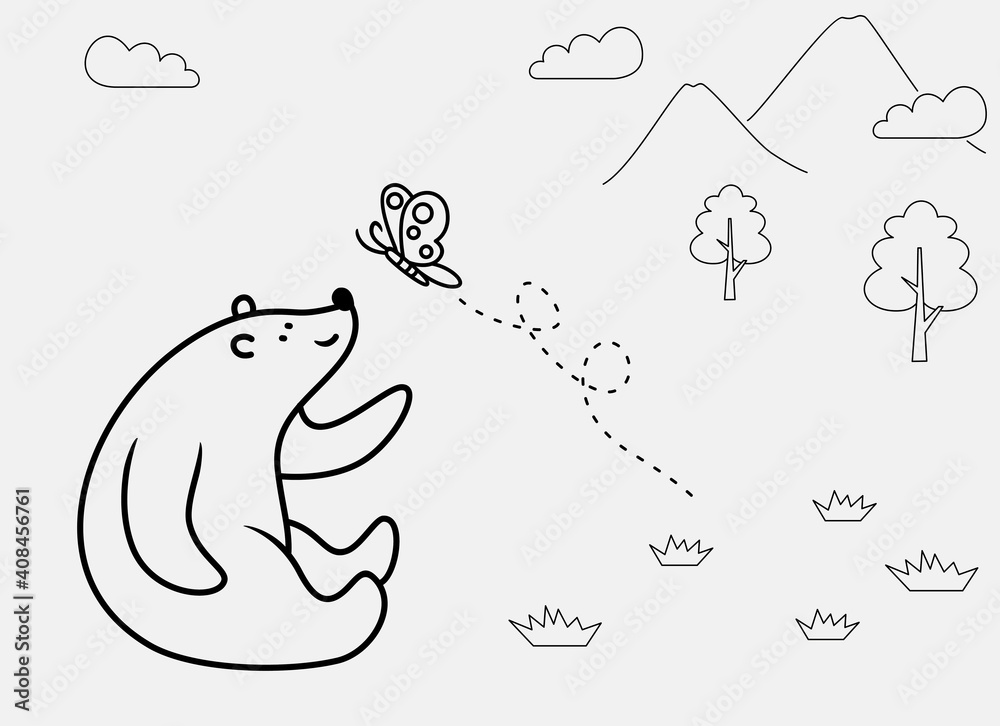 Hand drawn of Cute bear playing with bee and butterfly Hand drawn of Cute bear playing with bee and butterfly