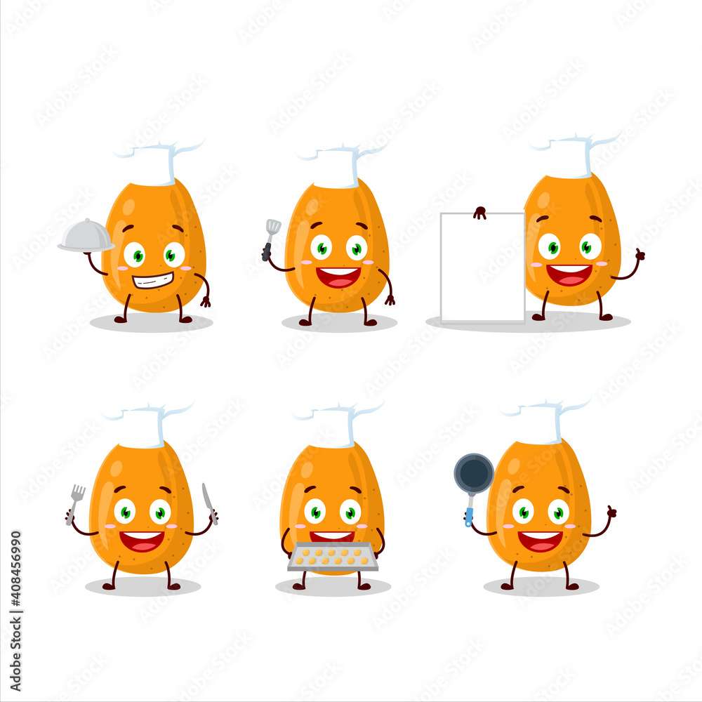 Cartoon character of kumquat with various chef emoticons Cartoon character of kumquat with various chef emoticons