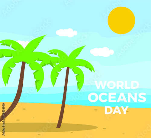 Flat Concept World Ocean Day, beach photo