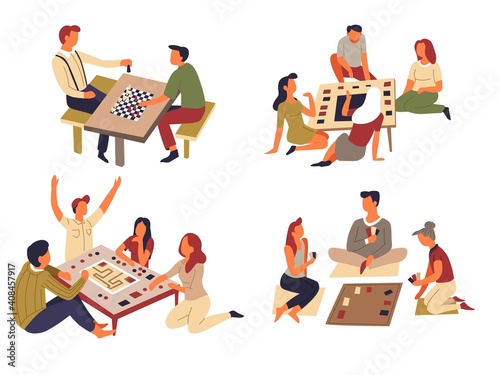 Domino and chess table games play cards and jenga vector isolated characters teams