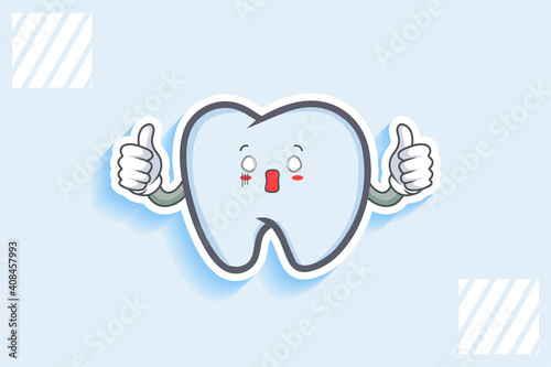 SPACED OUT, SURPRISED, SHOCKED Face Emotion. Double Thumb up Hand Gesture. Tooth Cartoon Drawing Mascot Illustration.