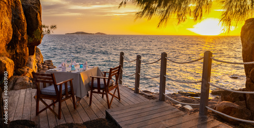 Sunset sea view restaurant dining area from Pointe Ste Marie on Praslin Island in the Seychelles 