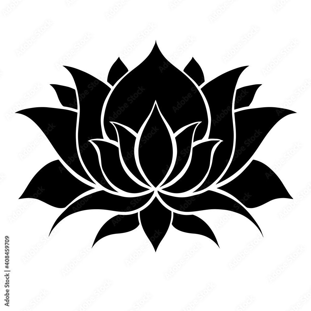 Black silhouette of lotus. Delicate water flower. Natural sacred symbol for spa and yoga. Vector contour floral logo and lily icon for websites and mobile applications.