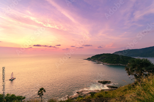 Beautiful sunset view at Promthep cape in Phuket, southern Thailand. Popular tourist destinations