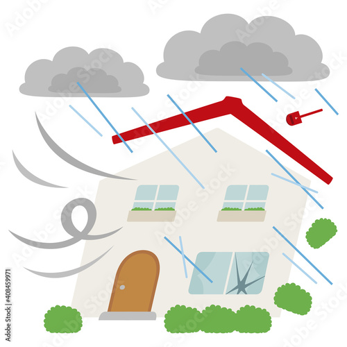 自然災害と家のイラスト。台風による風や大雨で損害が大きい家。