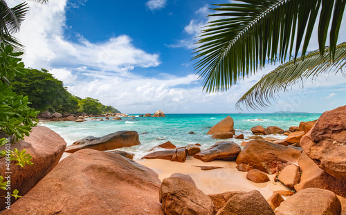 Fototapeta Naklejka Na Ścianę i Meble -  Panoramic view of Anse Lazio beach on Praslin Island in the Seychelles